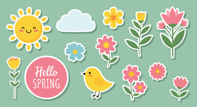 Colorful set of spring-themed stickers featuring a happy sun, clouds, various flowers, a cute yellow bird, and a hello spring label.