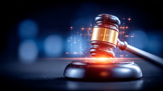 Judge gavel striking with digital data sparks, representing legal technology, online justice and cybersecurity compliance.
