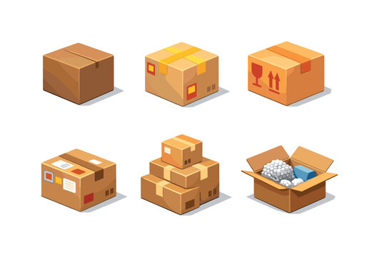 Isometric Delivery Boxes. Delivery boxes. Isometric flat vector icons set of delivery boxes: cardboard shipping box, sealed parcel box, fragile package box,