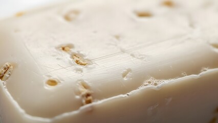 Close-up macro shot showcasing the textured surface of a natural handmade soap bar, infused with visible exfoliating oatmeal particles, emphasizing organic skincare and gentle cleansing properties