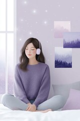 a girl with brown hair and headphones sits on her bed, surrounded of the past in frames, against the background of light purple walls