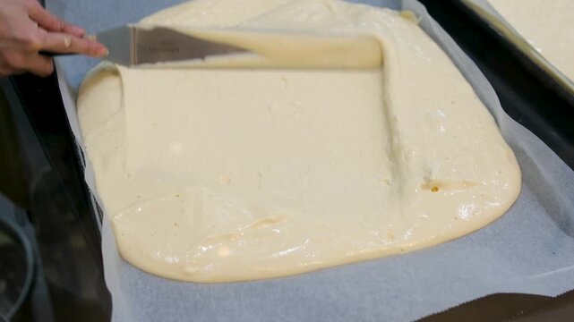 spreading raw sponge cake batter on a baking sheet