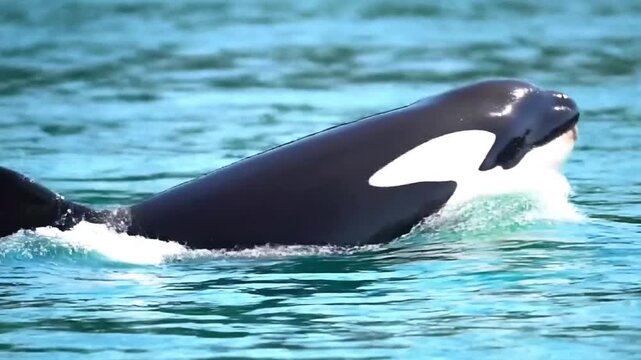 Orca whale surfacing and swimming in clear blue ocean water.