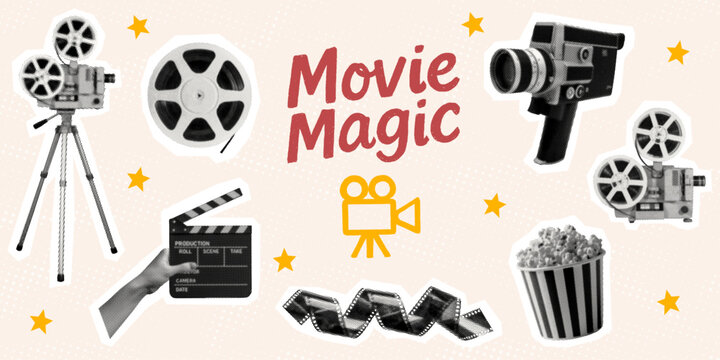 movie magic set concept pop art collage classic film camera tripod strip film reels handheld video camera projector clapperboard popcorn retro cut-out dotted halftone elements light beige background