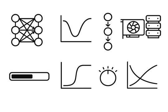 Deep Learning Icons. Deep Learning Research outline icons: layered neural net icon, gradient descent curve, backpropagation arrows, GPU cluster graphic, training progress bar,