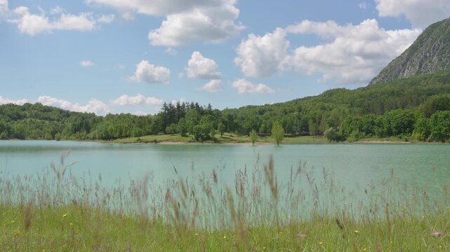 Time Lapse of Castel San Vincenzo Turquoise Lake and Mainarde Mountains, Molise, Italy.