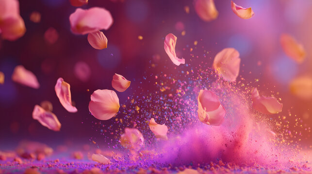 Colorful flower petals exploding with vibrant powder for festive holi celebration background banner or spring festival greeting card illustration