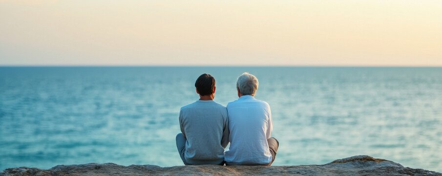 Two people sit side by side on a rocky shore, gazing peacefully at the calm ocean during sunset.
