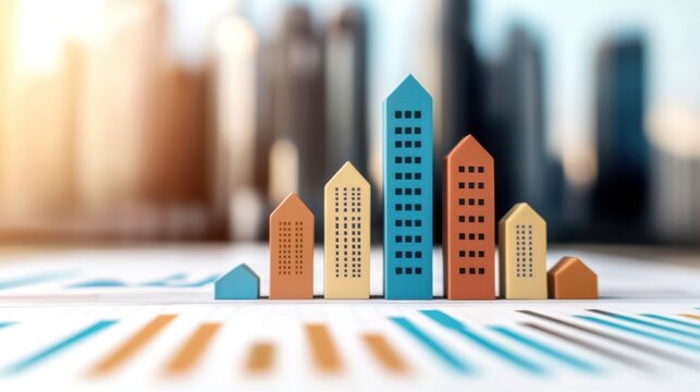 A conceptual representation of real estate growth with colorful miniature building models on a financial chart, symbolizing property investment and market trends.