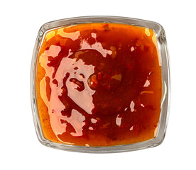 Chili sauce in a bowl, top view, transparent background