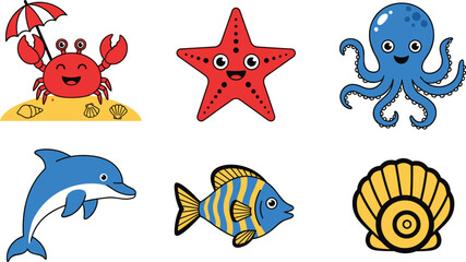 Cute sea animals and shells set, cartoon ocean creatures with crab, starfish, octopus, dolphin and fish vector illustration isolated on white background. © SainurRahman