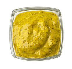 Yellow mustard sauce in glass bowl with transparent background