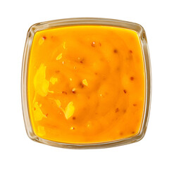 Honey mustard sauce in square bowl, top view, transparent background