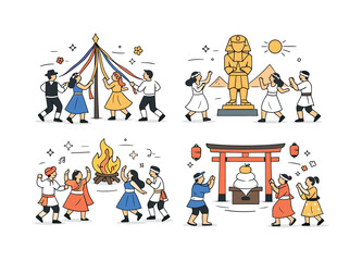 Naklejka premium Significant historical cultural festivals and celebrations. People dancing in simple rhythmic movements around a central symbolic object. The