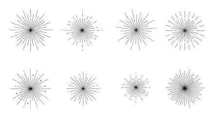 Obraz premium Collection of eight black starburst and sunburst icons with radiating lines of varying density and thickness on white.