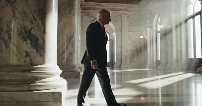 A distinguished man walks confidently through a grand marble hall with sunlight streaming in