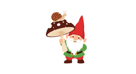 Obraz premium Whimsical garden gnome with a red hat and white beard holding a large spotted mushroom with a snail resting on top of it.