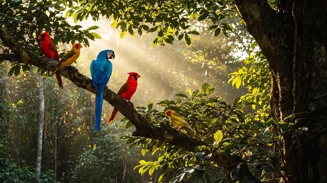 Vibrant parrots perched on tree branch in lush forest with sunbeams