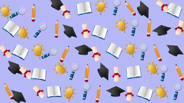 Pattern of graduation and education related items on blue suitable for educational concept designs, school materials, graduation invitations, and event posters.