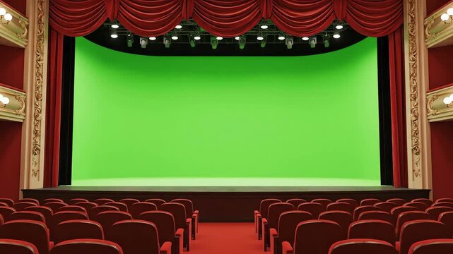 Empty grand theater with red velvet curtains, stage, and rows of seats, ready for a performance