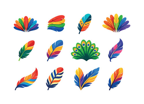 Exotic Bird Feathers. Colorful flat vector icons set of Exotic Bird Feathers: tropical feather fan, layered tail colors, wild bird pattern,