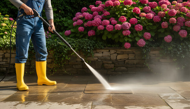 Person in yellow boots pressure washes a stone patio with pink hydrangeas in the background.
