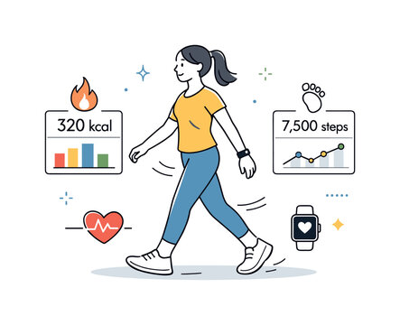 Fitness tracking and activity. A person walking or stretching while wearing wearable health tech, gentle motion lines showing movement,