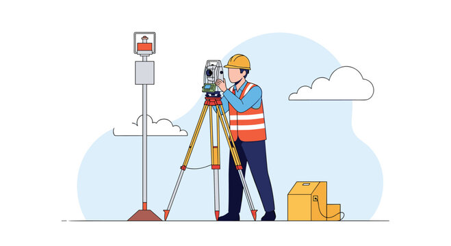 Professional land surveyor in a yellow hard hat and orange safety vest using a total station instrument for construction site work.