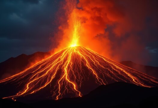 Explosive Nighttime Volcano Emitting Fiery Lava Flows Illuminating Dark Tropical Terrain