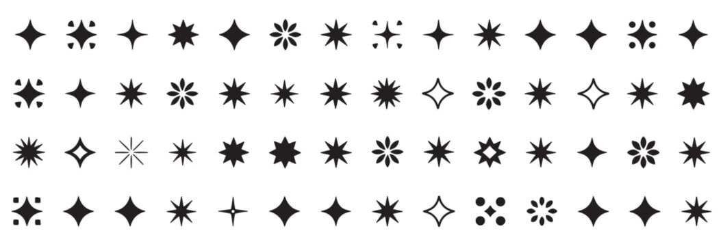 Stars set icons, different sparkle star shapes icon, shine stars sparkles signs, bling decoration 