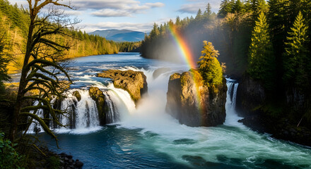 a rainbow is shining over a waterfall
