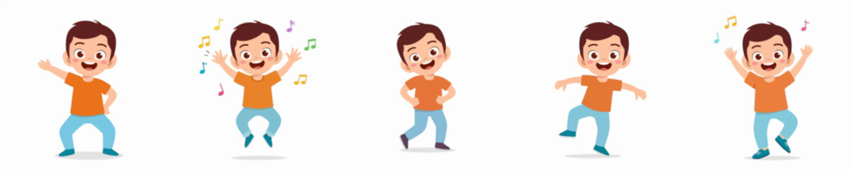 Cartoon Style Energetic Little Boy Characters Happy Dancing and Having Fun