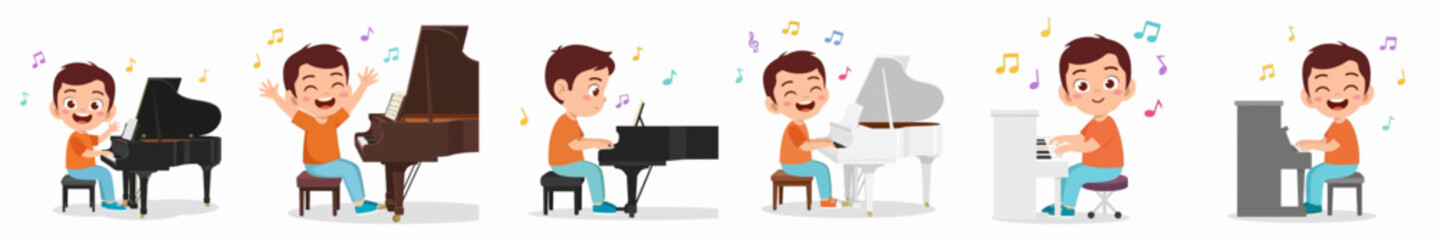 Cartoon Style Collection of Boy Playing Different Piano Illustration Set © Hcane