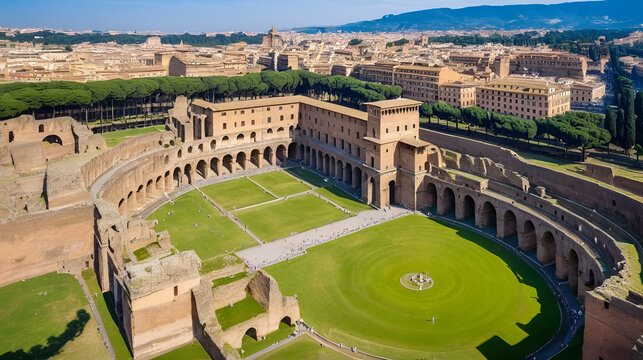 Aerial view of Baths of Caracalla located in Rome, Italy. They were important thermae and public baths of ancient Rome and today they are a visitable monument.