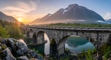 a bridge over a river with mountains in the background