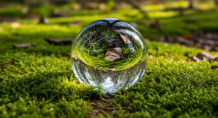 a glass ball sitting on top of a lush green field