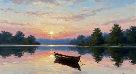 a painting of a boat on a lake at sunset