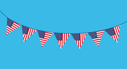 Obraz premium String of triangular american flag bunting hanging against a clear blue sky background for patriotic celebrations and holidays.