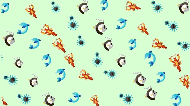 Displays fish lobster and sun shapes scattered on a green backdrop. Perfect for seafood restaurant menus, summer event posters, tropicalthemed designs.