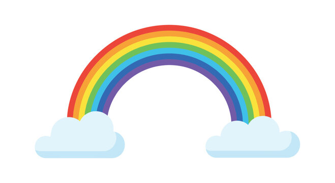 Simple colorful rainbow arch with two soft blue clouds at the ends on a white background representing hope and happiness.
