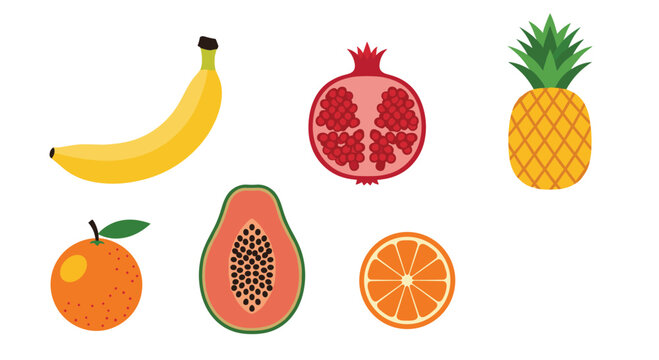 Assortment of fresh fruits including a banana pomegranate pineapple orange papaya and an orange slice on a white background.