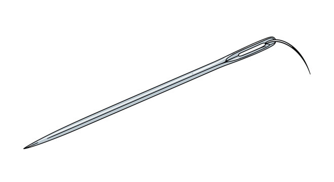 Metallic sewing needle with a thin black thread through the eye isolated on a white background for tailoring and craft themes.