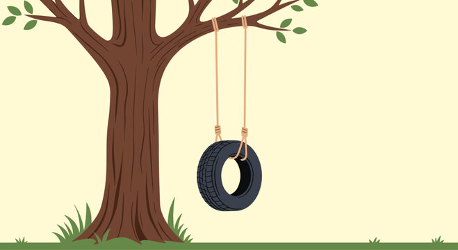 Classic tire swing hangs from a thick branch of a large leafy tree over a green lawn under a pale yellowish sky.