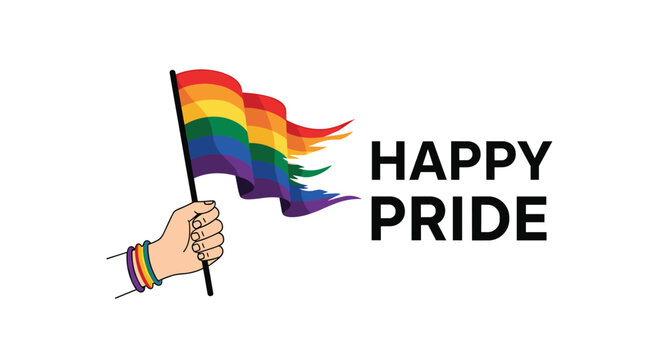 Human hand wearing colorful bracelets holding a tattered rainbow pride flag with happy pride text for lgbtq celebration.