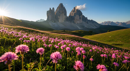 a field of flowers with a mountain in the background