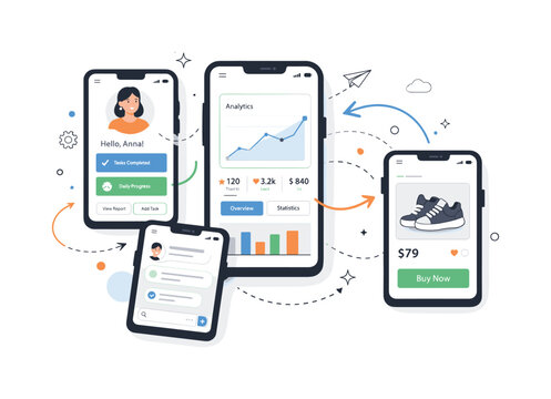 Modern app layout concepts. An editorial scene showing multiple smartphone screens with clean UI cards, buttons, and charts arranged in a