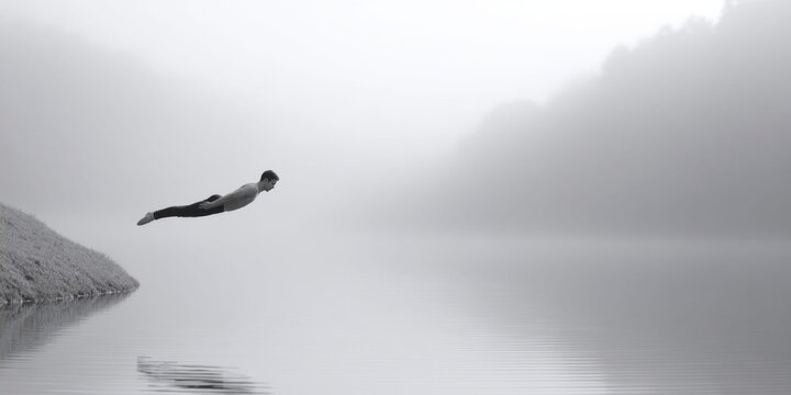 a man doing backflip, jumping into lake, foggy day in monochrome color