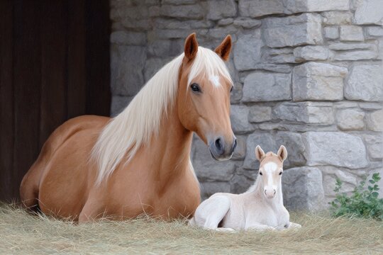 an elegant brown horse with a blonde mane, sitting in the barn next to her newborn foal that is resting on hay