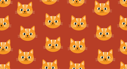 Fototapeta premium Seamless repeat pattern of cute orange tabby cat faces on a dark terracotta red background for pet lovers, textile design, and nursery wallpaper.