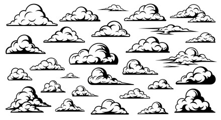 Set of comic style cloud illustrations isolated on transparent background
